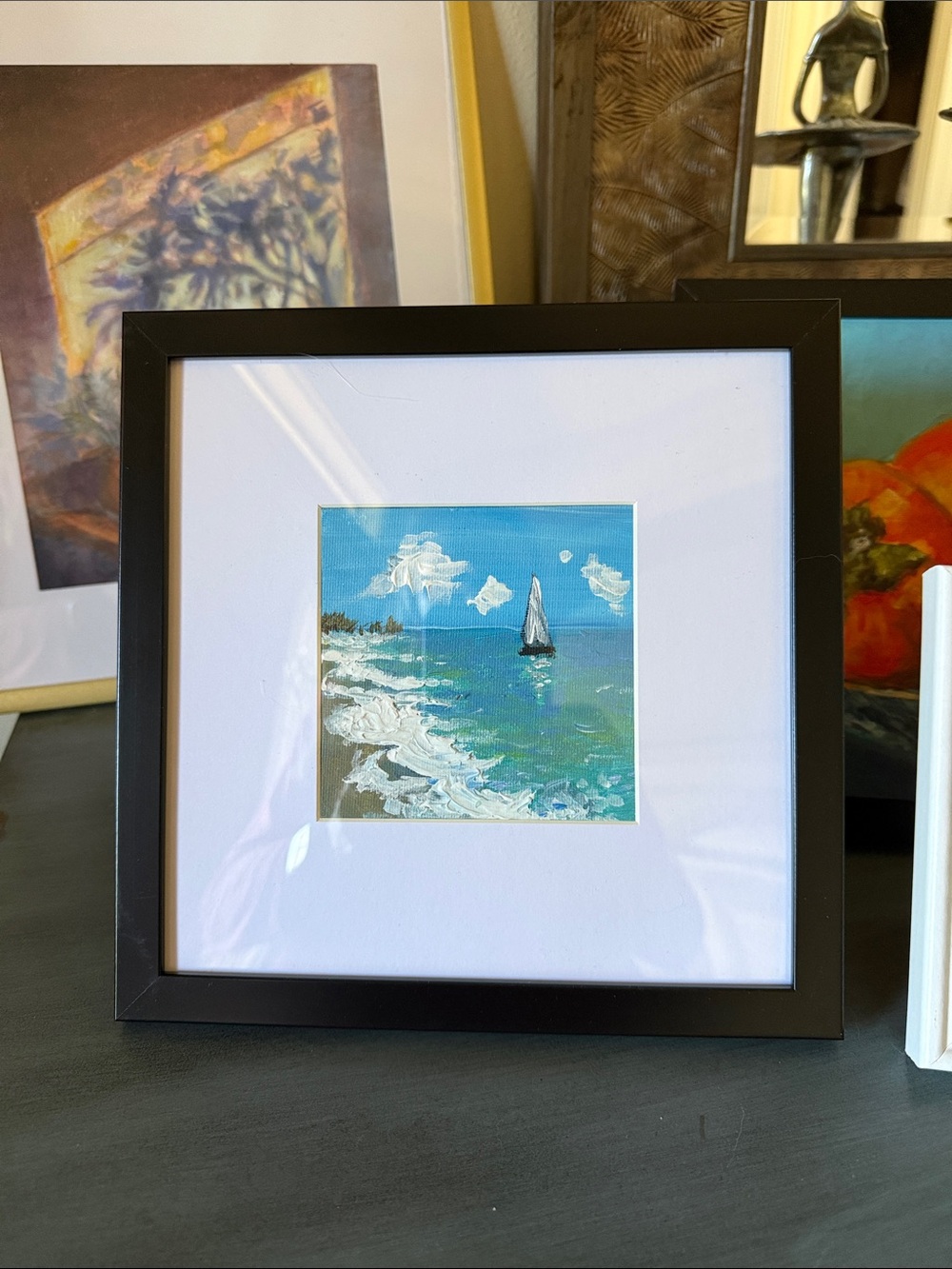 Coastal Sailboat Painting in Blue and White with Black Frame